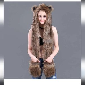 Cozy critter faux fur 3 in 1 animal hat hoodie, scarf, and mittens.